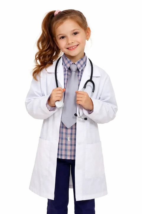 Five Pocket Kids Lab Coat With Button Closure Soft Touch Fabric Realistic Fit For Play Dress Up And Halloween Costumes White