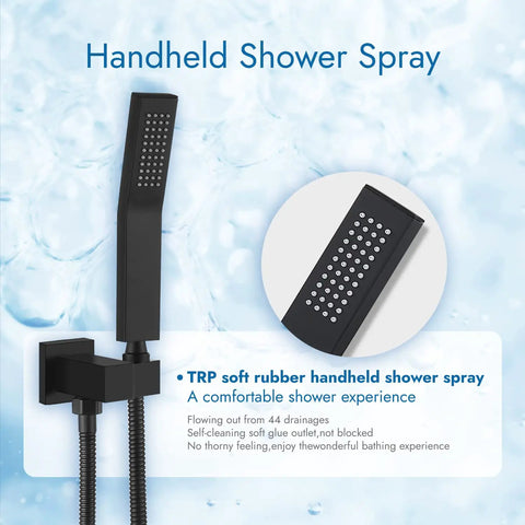 Close-up of matte black handheld spray from All In One Matte Black Shower System With 10 Inch Rain Shower Head And Handheld Spray.