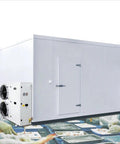 Rock Solid Commercial Walk In Freezer Cold Room With Heavy Duty Insulated Panels For Meat And Seafood Storage, exterior view with cooling unit.
