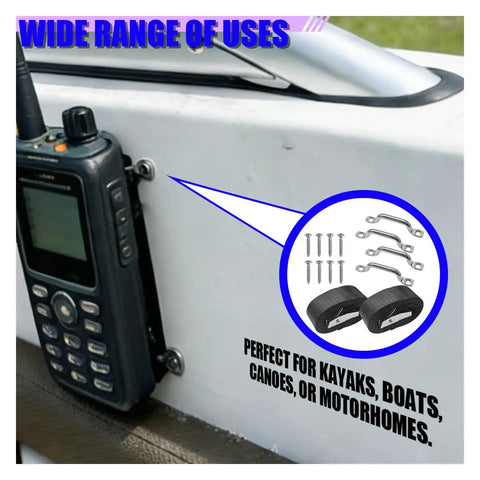 Heavy Duty Tie Down Straps With Cam Buckles And Stainless Brackets For Battery Boxes And Cargo Secure Mount Kit Weatherproof Marine Grade on a boat surface.