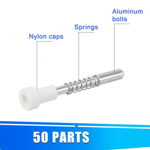 50 Pack Window Screen Plunger Latches Bully Tough Retainer Clips 5/32 X 1 1/2 Inch showing aluminum pin with nylon cap and spring.