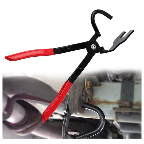 Exhaust hanger removal tool with 25° offset design; high-strength pliers with red non-slip handles.