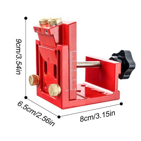 Pro Shop Adjustable Pocket Hole Jig Machined From Rugged Aluminum Alloy measuring 9cm, red body with brass knobs for woodworking.
