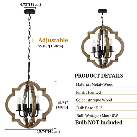 Rustic 4 Light Orb Chandelier Handcrafted From Solid Wood With Black Metal Details Ideal For Dining Room Kitchen Island Hallway