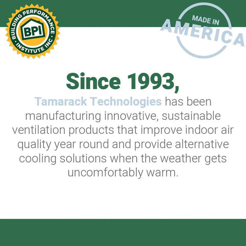 Tamarack Technologies history since 1993 with sustainability emphasis and BPI certification, Made in America badge visible.