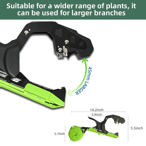 Lightweight Plant Tying Machine for Vines With 45mm Opening, Grab And Go Tapener Gun, Green garden binding device shown