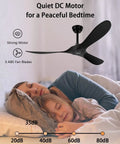 Black Ceiling Fan No Light 52 Inch For Outdoor Patios Porch Bedroom And Kitchen With Remote Noiseless 6 Speed Reversible DC Motor Quiet 3 Blades 3 Downrods And Timer Modern Sleek Design over sleeping family illustrating quietness