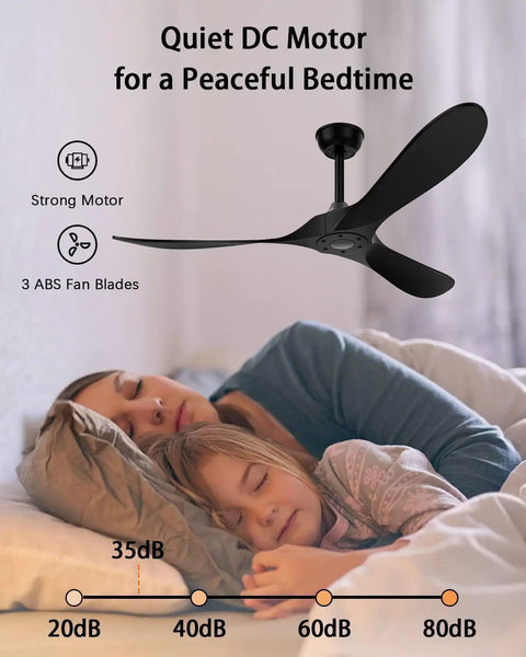 Black Ceiling Fan No Light 52 Inch For Outdoor Patios Porch Bedroom And Kitchen With Remote Noiseless 6 Speed Reversible DC Motor Quiet 3 Blades 3 Downrods And Timer Modern Sleek Design over sleeping family illustrating quietness
