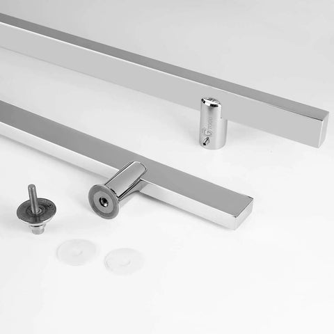 24 Inch Stainless Steel Door Handle Set With Solid Standoffs, Built To Last Heavy Duty Commercial Grade 304 Stainless, Push Pull Barn Door Pulls, Glass Pulls, Mirror Polished Chrome Finish, showing two handles with mounting hardware on a white background.