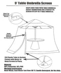 Diagram of 9' table umbrella screen demonstrating adjustable closure, zippered entrance, and material composition.