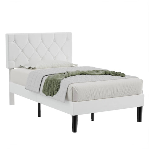 Twin Size Upholstered Platform Bedframe With Iconic Button Tufted Linen Headboard, Straight Up Comfy Memory Foam Cushioning, Heavy Duty Wood Slat Support, No Box Spring Required, Crisp White Aesthetic For Serious Sleep Vibes.