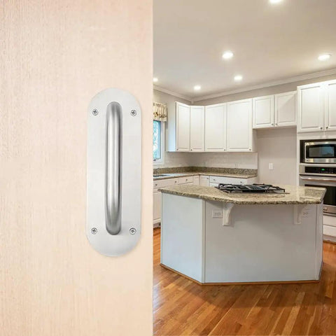 Stainless Steel Pull Push Door Handle 8 Inch D Style Plate Handle 2 Pack Beefy Heavy Duty Fire Door Access Back Plate Mounted Rust Resistant Sleek Modern Finish on kitchen door