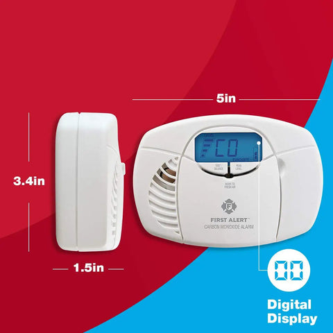Three Pack Battery Operated Carbon Monoxide Detector with Digital Display and Electrochemical Sensor shown in dimensions