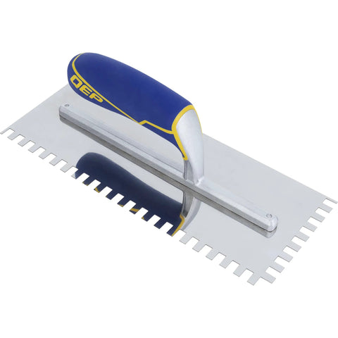 Comfort Grip Stainless Steel Square Notch Trowel Eleven Inch Blade With Quarter Inch Three Eighths Inch Quarter Inch Notches, Rustproof Blade