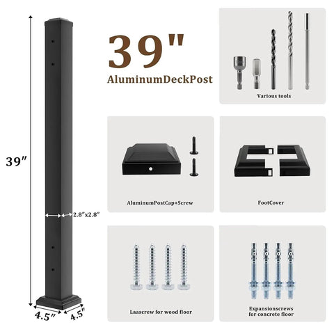 39" Aluminum Deck Post with accessories and fasteners, part of Heavy Duty Black Deck Railing Kit With Reinforced Aluminum Posts And Code Compliant Handrails Rock Solid Stair System Hella Secure Outdoor Porch Safety Setup Built Tough For Easy Diy Installation And Serious Property Protection.