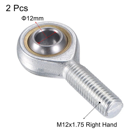 2 Pack Spherical Rod End Bearing 12mm Bore M12x1.75 Right Hand Male Thread Connector Self Lubricated Joint 13 Degree Misalignment Steel Body With Hardened Bearing Ball Ideal For Hydraulic Cylinders And Heavy Duty Machinery, 12mm bore, M12x1.75 RH thread