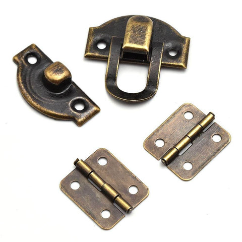 Two Sets Mini Bronze Antique Hasp Latch Buckle And Rectangle Hinges Kit shown with vintage bronze finish and matching screws.