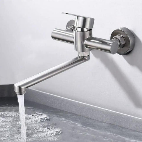 360° Rotatable Wall-Mounted Stainless Steel Kitchen Faucet - Single Handle Mixer Tap for Sink and Cooking, water flowing.