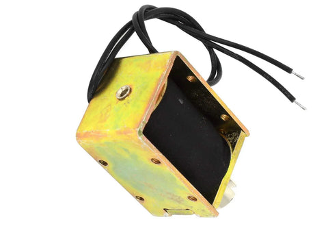 DC 28V Open Frame Pull Type Solenoid Electromagnet, 1.21A, 34.08W, 8mm Stroke, 1000g Pull Force, 38x29x25mm Body, 35x11mm Plunger, 7.5 Inch Cable, Built Like A Workhorse For Industrial Automation And Door Lock Projects. Open-frame solenoid with yellow zinc body and black wires