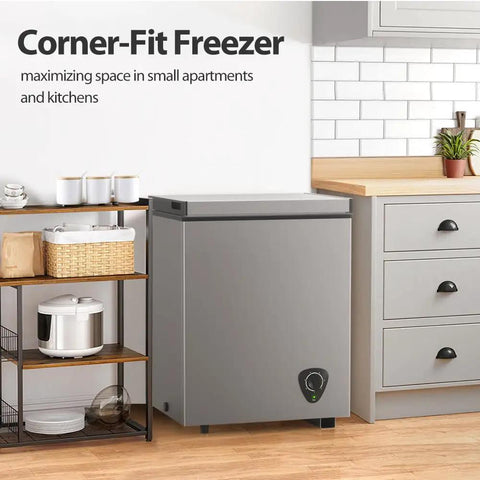 Compact Chest Freezer With Hella Spacious 3.5 Cu Ft Storage And Dang Quiet Cooling Plus Easy Peasy Temp Controls And Solid Grey Frame in kitchen.