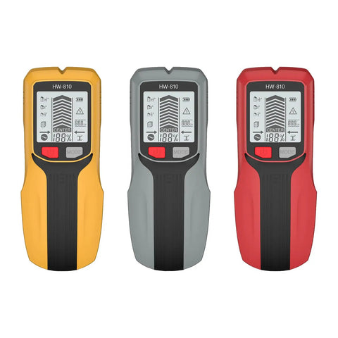 Professional Handheld Wall and Metal Detector Wall Scanner with LCD Screen in yellow, gray, and red colors.
