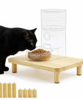 Elevated Cat Food Stand For Automatic Feeders Supporting Furbaby Neck Comfort With Solid Pine Build and kibble dispenser.