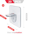 20 Pack Heavy Duty No Drill Adhesive Shelf Brackets Clear Waterproof Wall Mounts with size details and dimensions