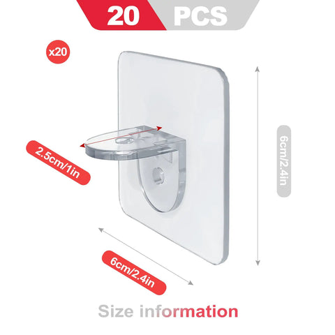 20 Pack Heavy Duty No Drill Adhesive Shelf Brackets Clear Waterproof Wall Mounts with size details and dimensions