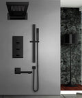 Straight Up Knockout Style Matte Black Rainfall Shower System With Waterfall Body Spray And Thermostatic Mixer Valve Wall Mounted.