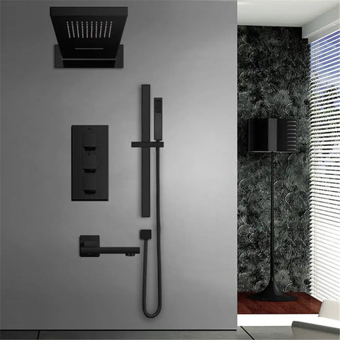 Straight Up Knockout Style Matte Black Rainfall Shower System With Waterfall Body Spray And Thermostatic Mixer Valve Wall Mounted.