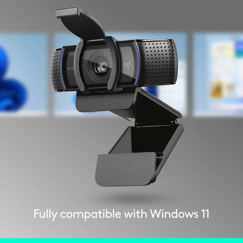 Close-up of Super Crisp 1080p HD Webcam With Dual Built In Mics And A Smooth 78 Degree Field, compatible with Windows 11.