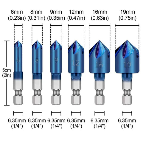 Killer Six Piece Countersink Drill Bit Set With One Quarter Inch Hex Shank, sizes 6mm to 19mm for carpentry projects.