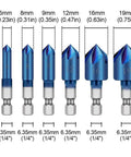 Six Piece Countersink Drill Bit Set With Quarter Inch Hex Shank And Ninety Degree Chamfering Tip showing 6mm to 19mm sizes.