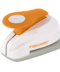 Small Circle Lever Punch 0.6 Inch For Cards And Scrapbooks, White And Orange, Space Saving Craft Tool With Locking Lever, Front View