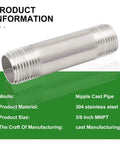 Stainless Steel 304 Nipple Pipe Fittings Three Eighths Inch Male NPT To Three Eighths Inch Male NPT Two Inch Length Corrosion Resistant