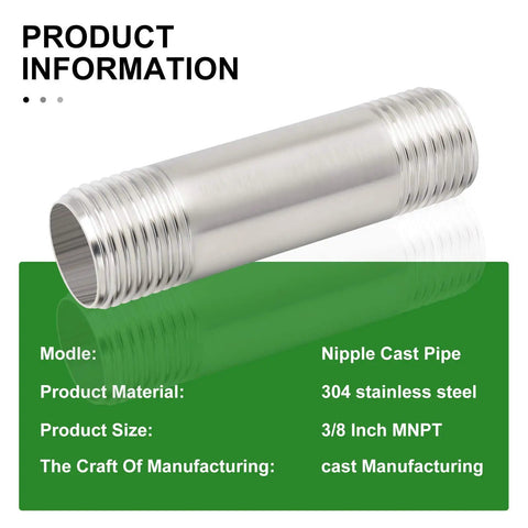 Stainless Steel 304 Nipple Pipe Fittings Three Eighths Inch Male NPT To Three Eighths Inch Male NPT Two Inch Length Corrosion Resistant