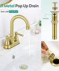 Brushed Gold Bathroom Faucet With 4 Inch Centerset Two Hole Design, Double Handles, Pop Up Drain, 360 Degree Swivel Spout, ABS Aerator