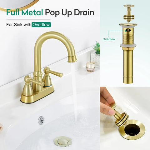 Brushed Gold Bathroom Faucet With 4 Inch Centerset Two Hole Design, Double Handles, Pop Up Drain, 360 Degree Swivel Spout, ABS Aerator
