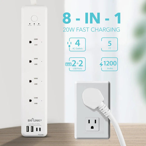Smart Power Strip With 4 Individually Controlled Outlets And 4 USB Ports Including 20W USB C Fast Charging Surge Protector
