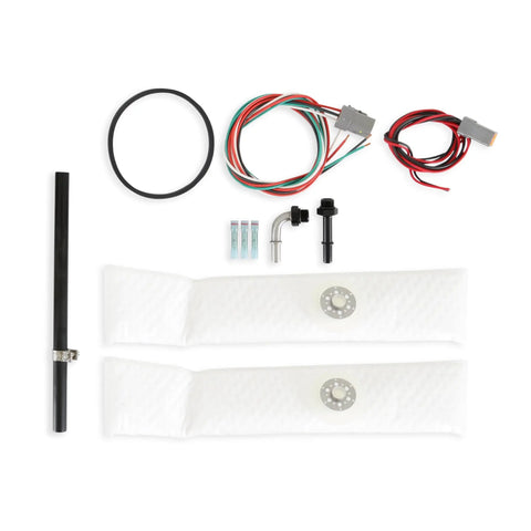 High Flow Heavy Duty Dual 450 Lph In Tank Fuel Pump Assembly Drop In Swap For 1998 Through 2002 Chevy Camaro And Pontiac Firebird E85 Ready With Integrated Sender components including hoses and wires.