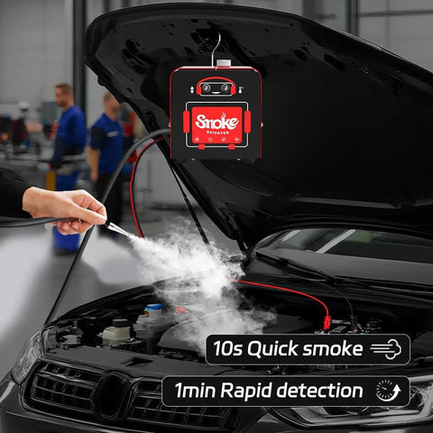 Front view of red Solary SD101 automotive smoke leak tester under car hood connected to vacuum/EVAP system, releasing smoke.