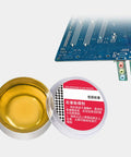 Premium Solder Rosin Flux Paste For Circuit Boards And Electronics Repair shown with open tin next to a circuit board.