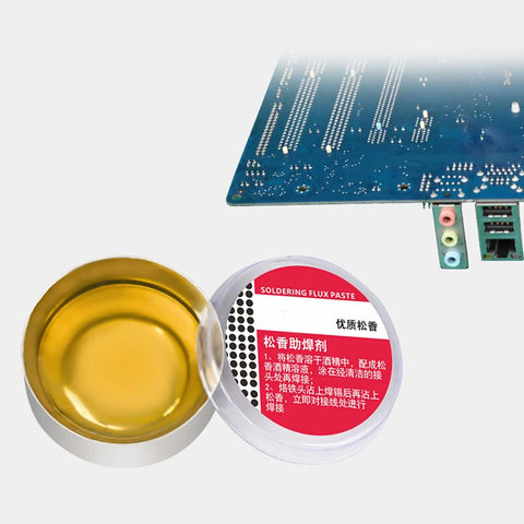 Premium Solder Rosin Flux Paste For Circuit Boards And Electronics Repair shown with open tin next to a circuit board.