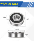 8-Pack Flanged Ball Bearings 1/2 In Bore 1-3/8 In OD 1/2 In Width Sealed Deep Groove Precision Replace For Lawn Mower Wheelbarrow Cart Hand Trolley Durable Steel Bearings For Easy Fit And Long Life, size diagram