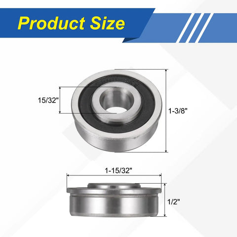8-Pack Flanged Ball Bearings 1/2 In Bore 1-3/8 In OD 1/2 In Width Sealed Deep Groove Precision Replace For Lawn Mower Wheelbarrow Cart Hand Trolley Durable Steel Bearings For Easy Fit And Long Life, size diagram