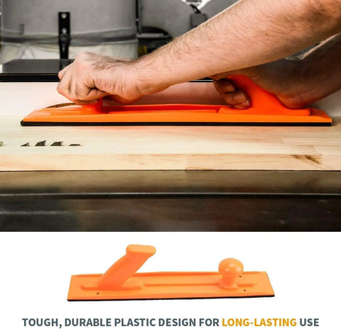 Orange push stick in use with rolling foldable table saw stand, aids in safe wood cutting, durable design for workshops.
