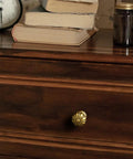 Set Of 12 Rustic Floral Antique Brass Cabinet Knobs For Kitchen Drawers installed on a wooden drawer in a farmhouse style room