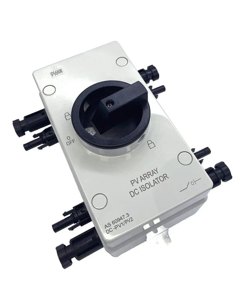 Dual 32 Amp DC Quick Disconnect Solar Isolator Switch With 64 Amp Max IP66 1000V showing handle and connector ports.