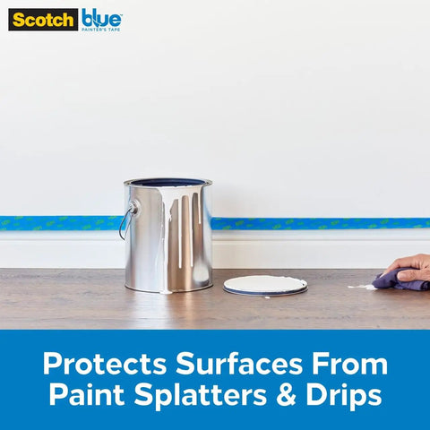 Paint can next to a wall protected by DIY Ready Pre Plastic Painters Tape With Bladed Dispenser 24 Inch By 30 Yard All In One Tape System.