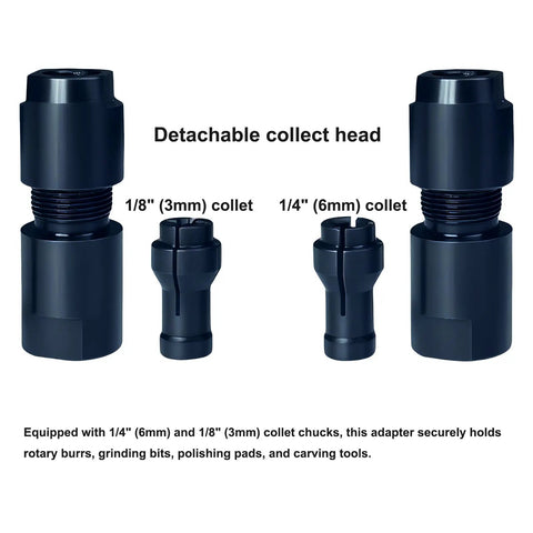 Two Pack Angle Grinder To Straight Chuck Adapter Set with 1/4 and 1/8 inch collets, detachable head visible.